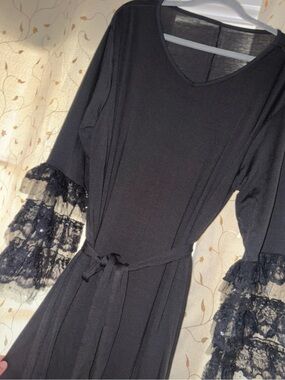 Black Long-Sleeve Lace Tiered-Sleeve Tie-Waist Dress